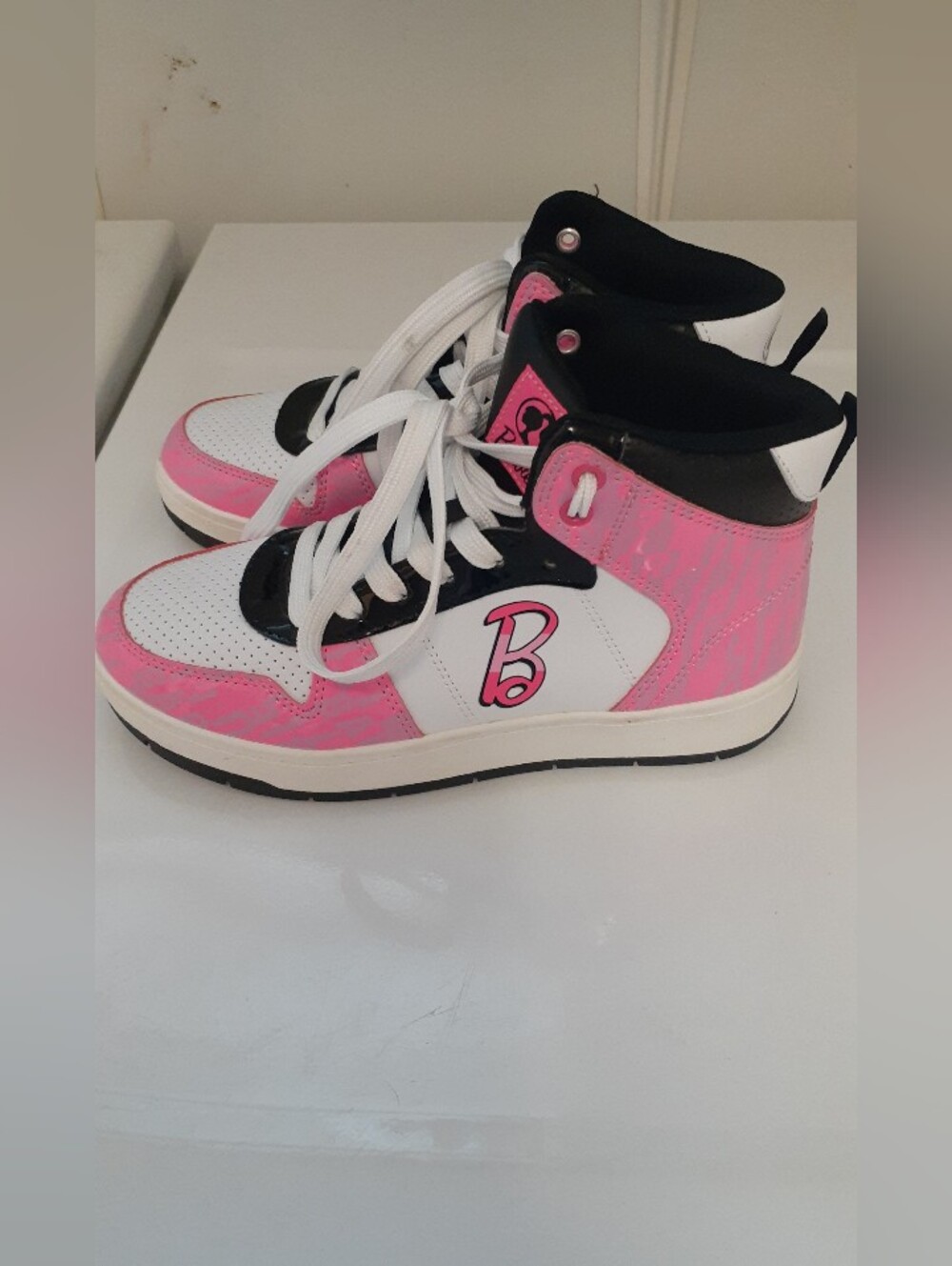 Barbie White Pink & Black High-Top Sneakers - womens' size 6